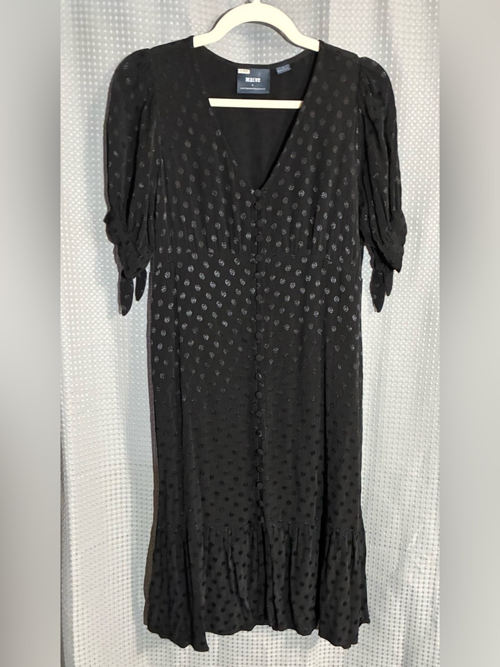 Maeve 4P Circle Texture Black Dress Covered Buttons Up Knotted Puff Slv LBD